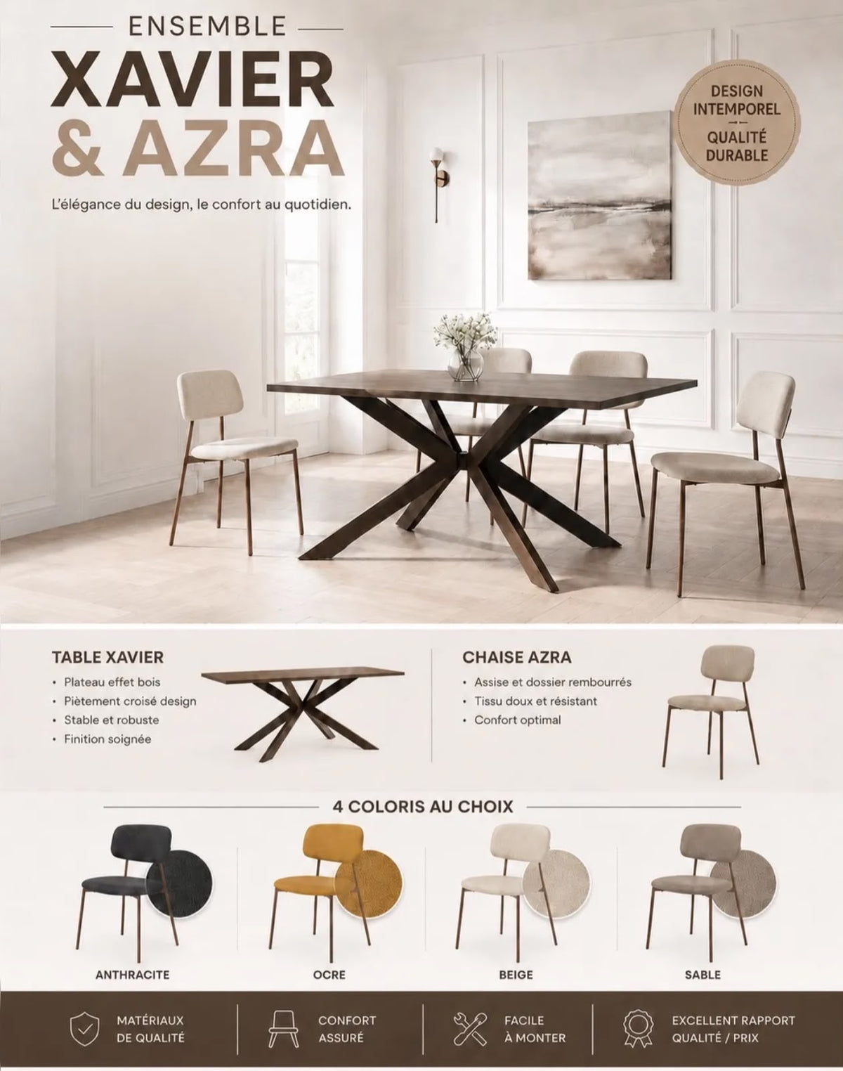 Pack Table à Manger XAVIER 180 + 4 Chaises Azra