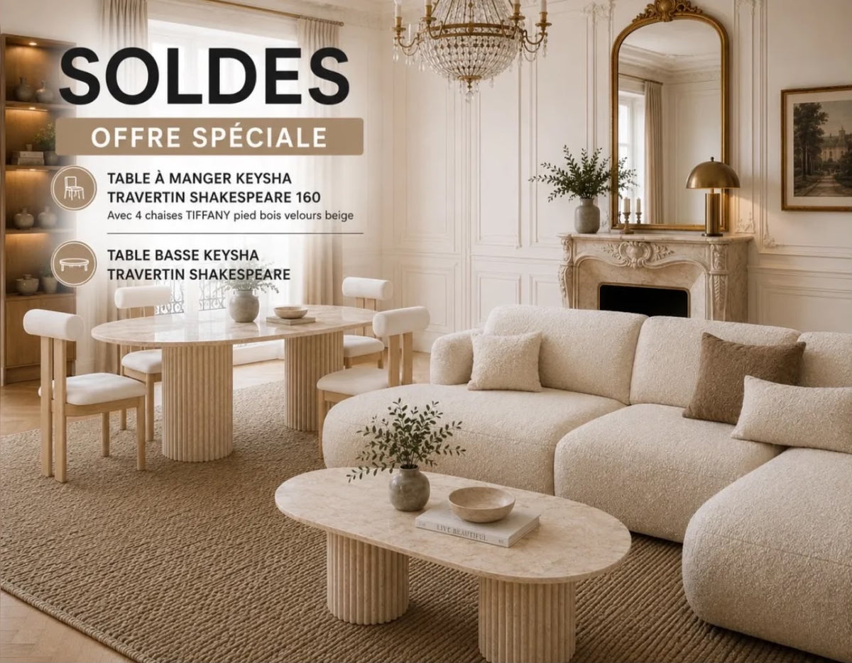 Pack Table à Manger KEYSHA Travertin + 4 Chaises Tiffany + Table Basse Assortie